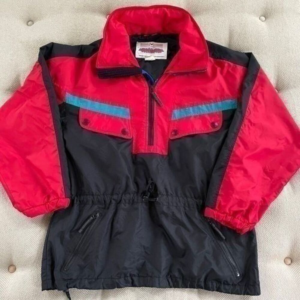 Vintage 90s Obermeyer Lightweight Half Zip Pullover Jacket Hood Bold Black Red S